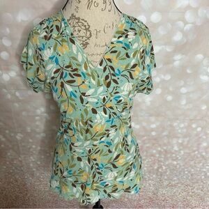 J. Jill Floral V-Neck Faux Wrap Top - Green and Blue MP